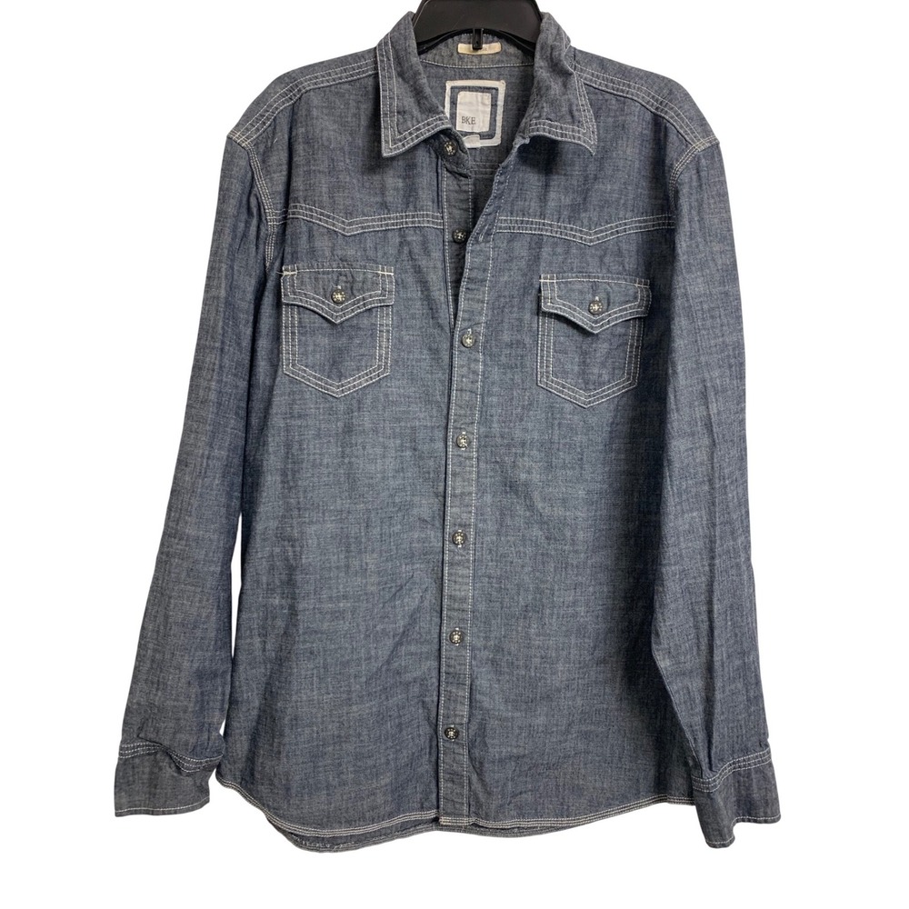 BKE Slim Fit XL Blue Chambray Western Button Down Shirt  Contrast Stit